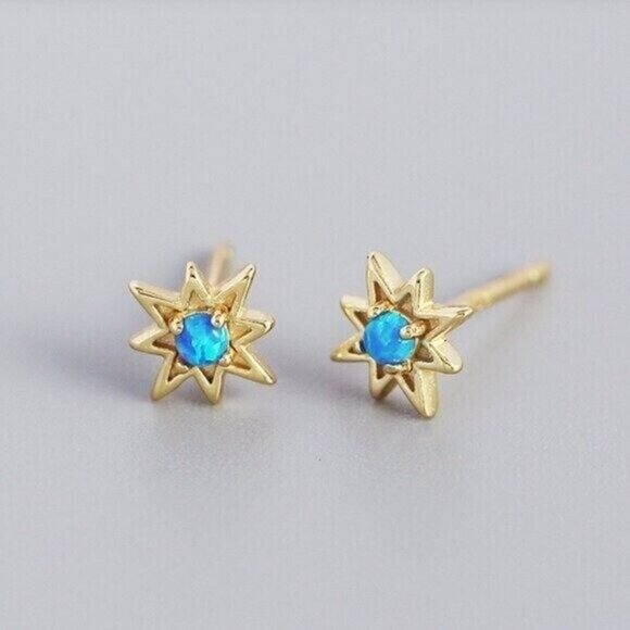 Opal Star Studs Blue opal Starburst Earrings North Star Studs Tiny Gold Studs - Picture 4 of 13